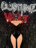 Black Vinyl Bunny Costume Bodysuit - Corset One Piece & Bunny Mask front view - Costume Vault