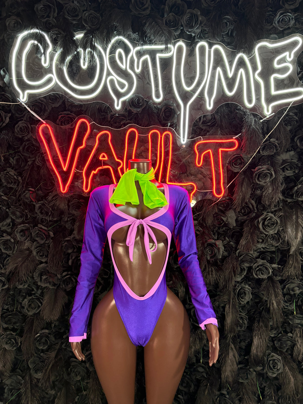Retro Mystery Girl Bottlegirl Bodysuit – Purple Pink Halloween Costume & Clubwear