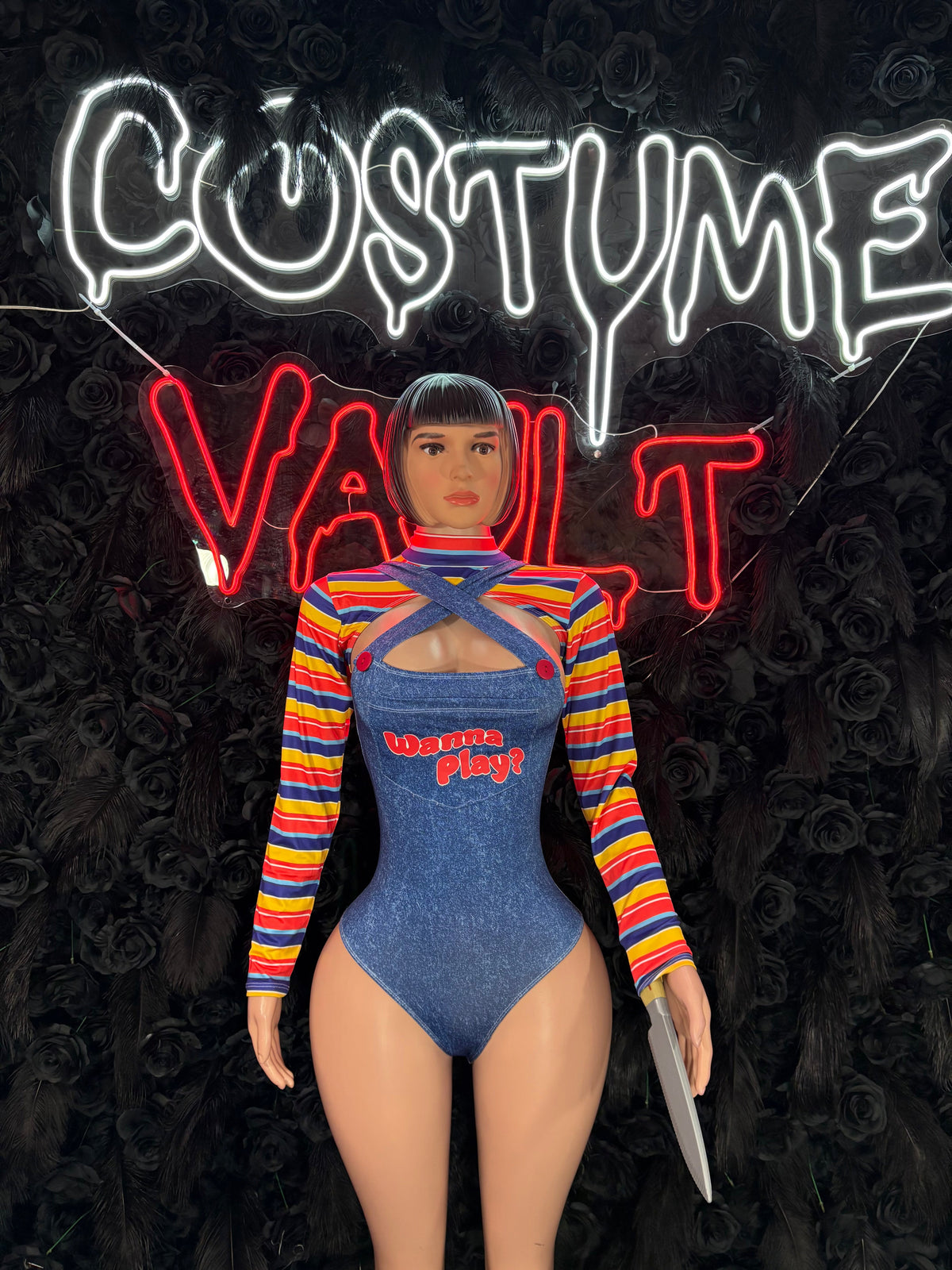 Rainbow Striped Doll Bodysuit Costume women's adult Halloween costume front view - Costume Vault