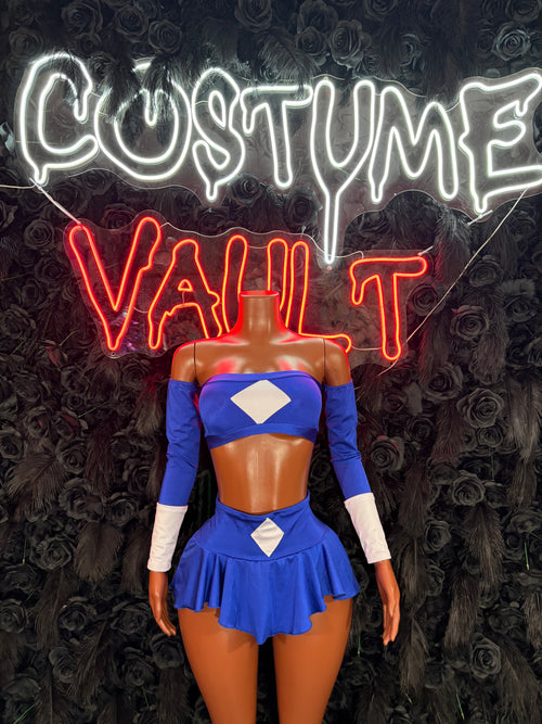Blue and White Superhero Costume Skirt Set women's adult Halloween costume front view - Costume Vault