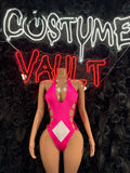Hot Pink Lace-Up Cutout Bodysuit Costume - Diamond Detail One Piece front view - Costume Vault