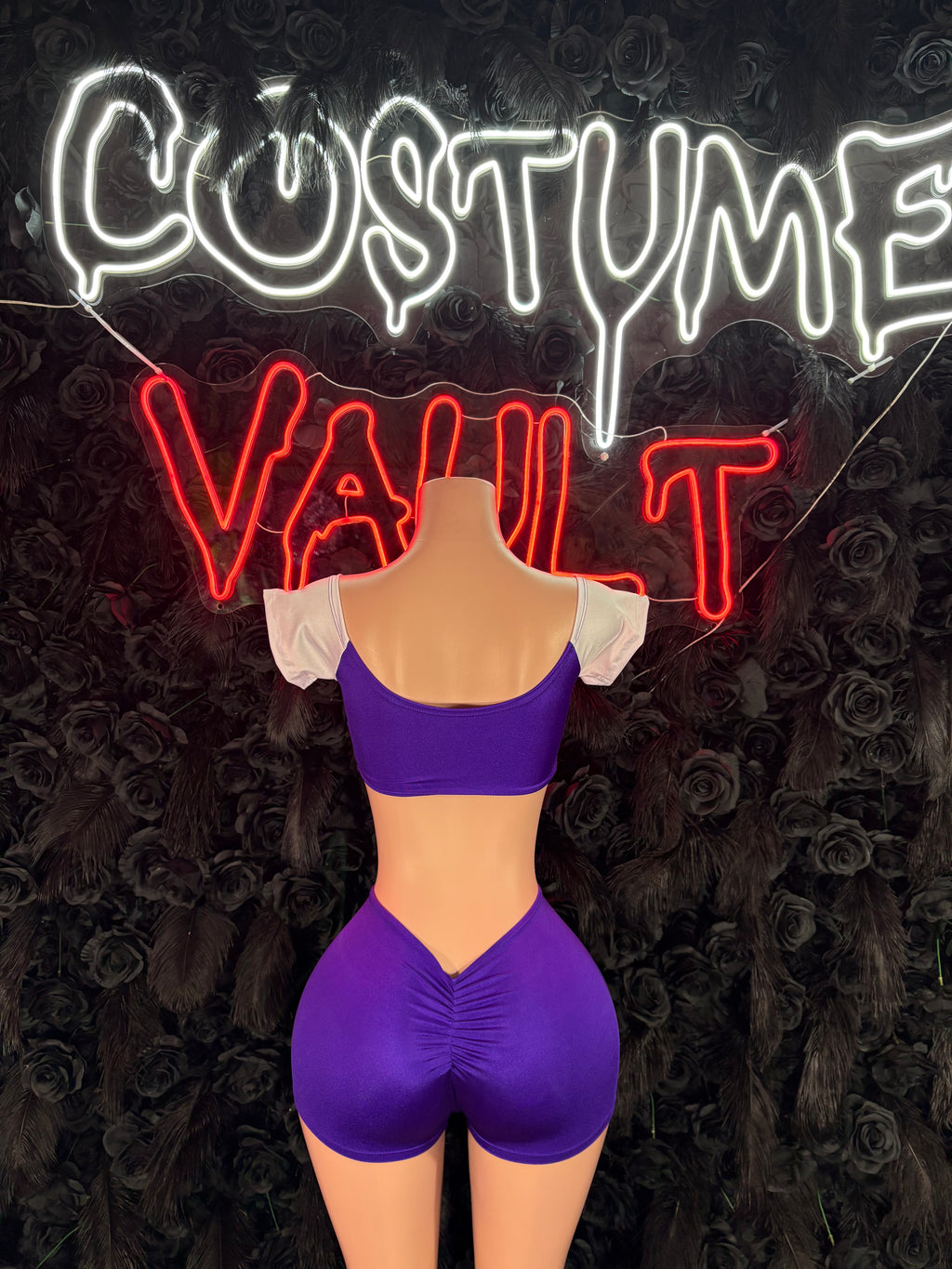 Football Player Costume Purple and White Bartender Bottlegirl Bodysuit Dress up Halloween Costume