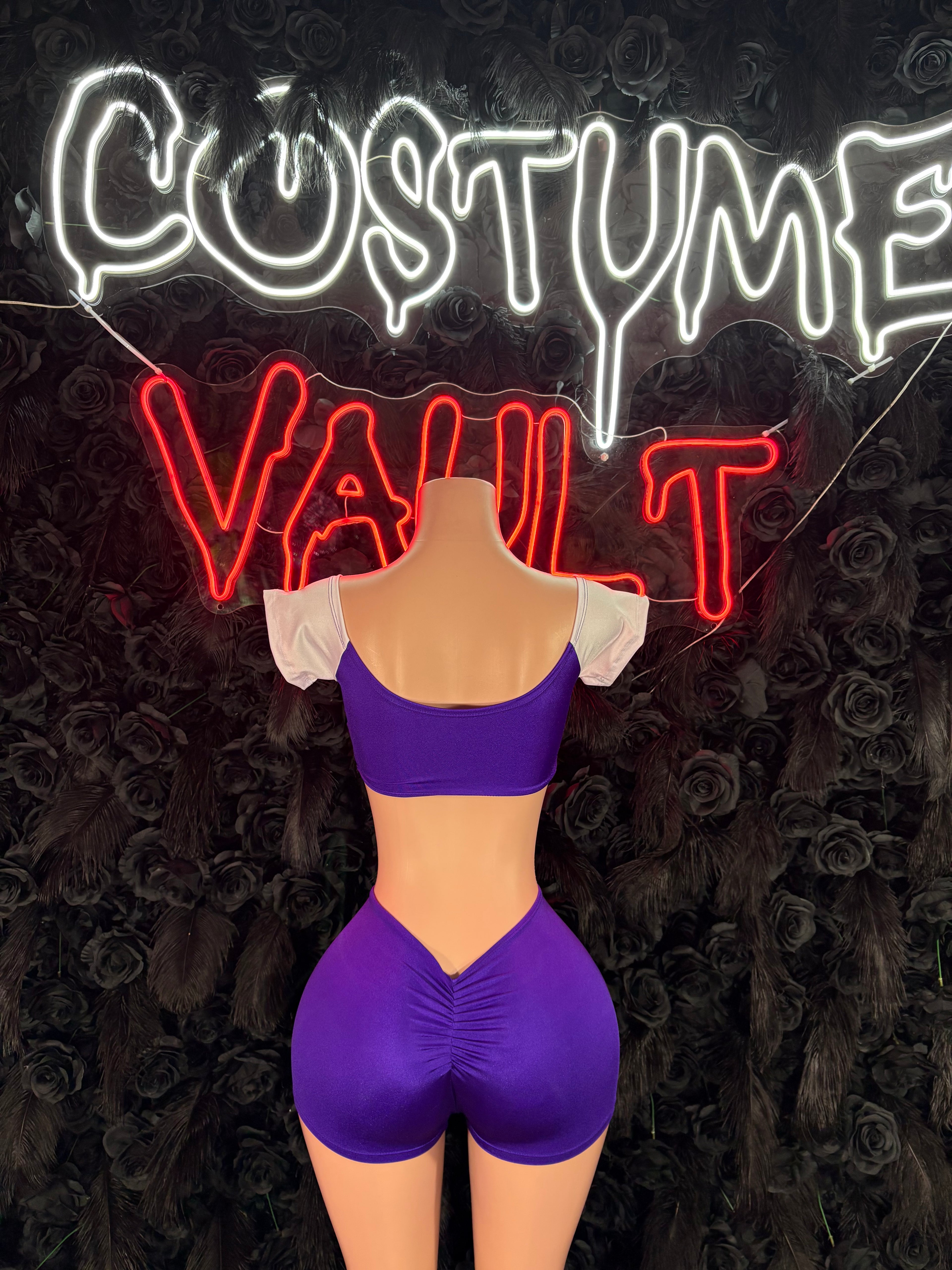 Football Player Costume Purple and White Bartender Bottlegirl Bodysuit Dress up Halloween Costume