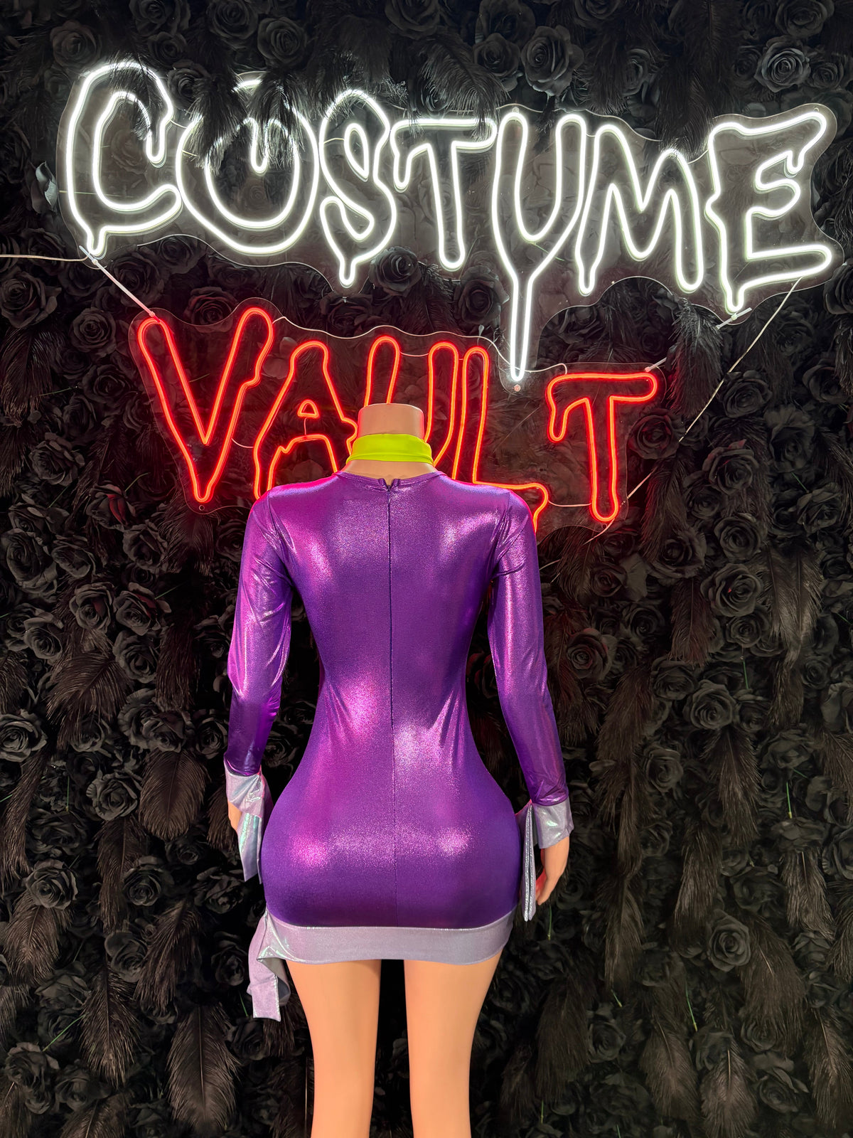 Purple Long Sleeve Mini Dress Costume women's adult Halloween costume back view - Costume Vault