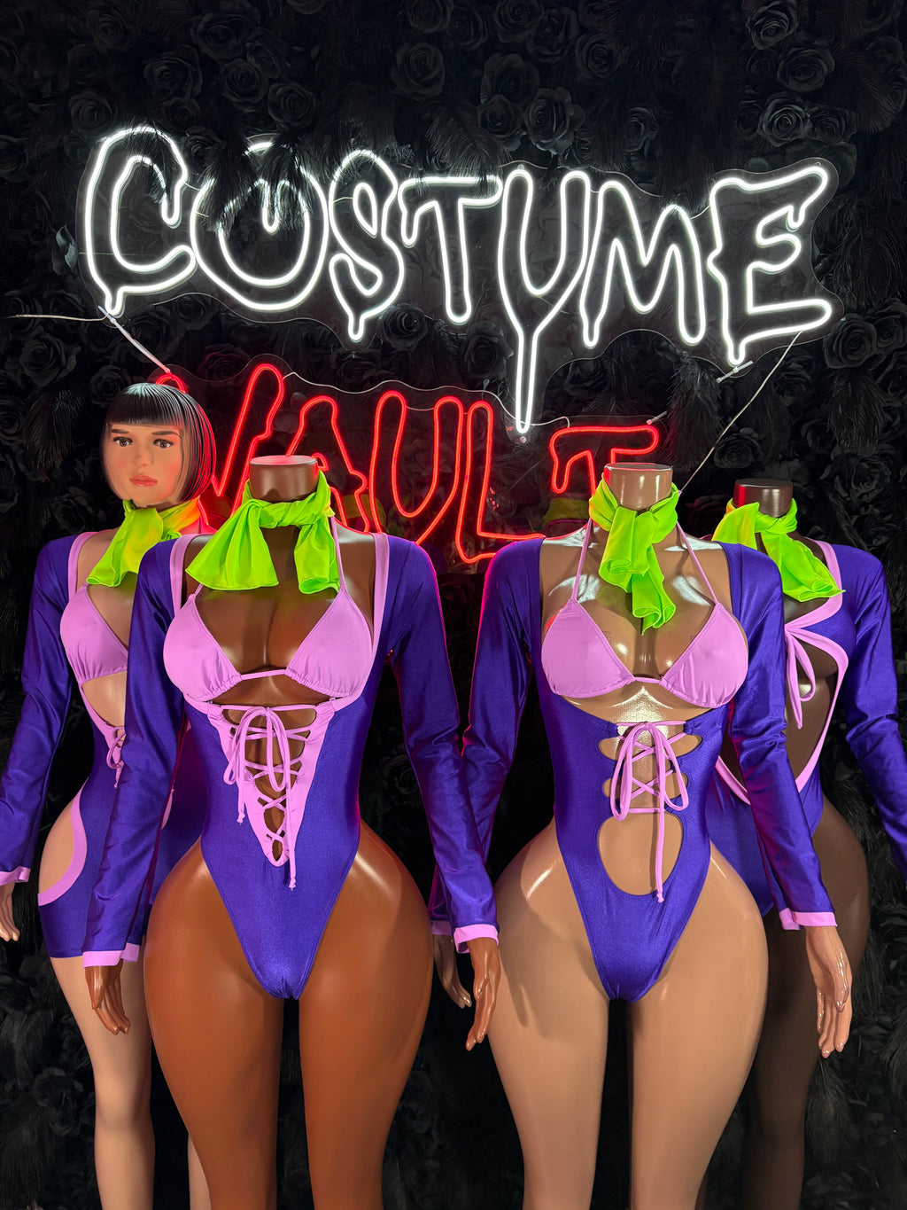 Retro Mystery Girl Bottlegirl Bodysuit – Purple Pink Halloween Costume & Clubwear