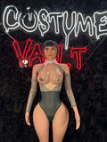 Emerald Green Lace Cutout Bodysuit Costume - Sheer Sleeve One Piece front view - Costume Vault
