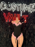 Black Bunny Costume Bodysuit - Pink Feather Trim & Bunny Ears front view - Costume Vault