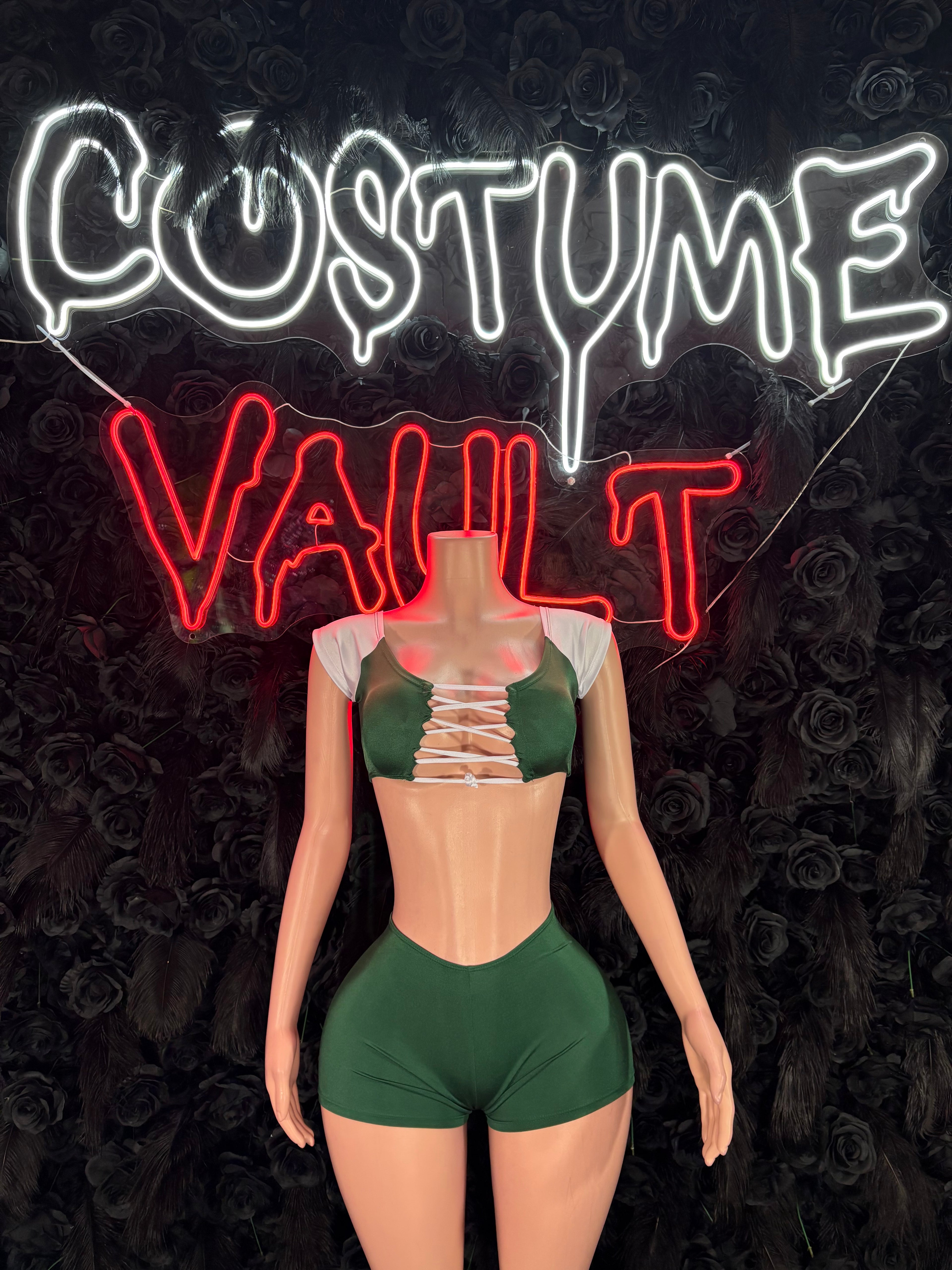 Football Player Costume Green and White Bartender Bottlegirl Bodysuit Dress up Halloween Costume