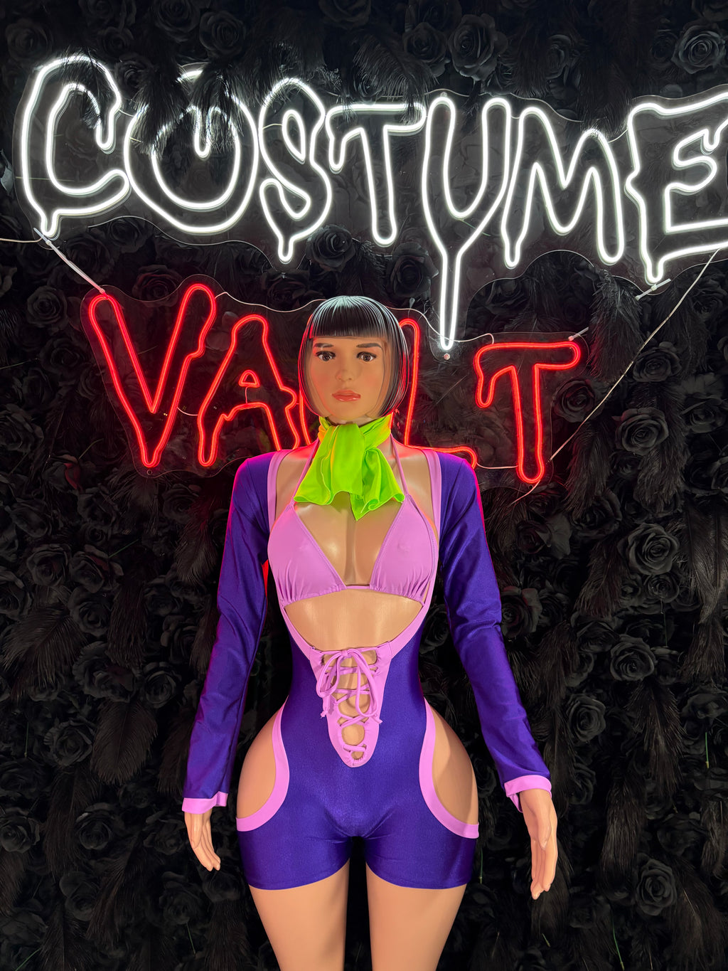 Retro Mystery Girl Bottlegirl Bodysuit – Purple Pink Halloween Costume & Clubwear