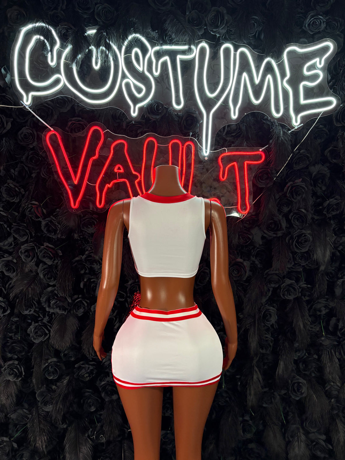 White Red Cheerleader Costume Set women's adult Halloween costume back view - Costume Vault