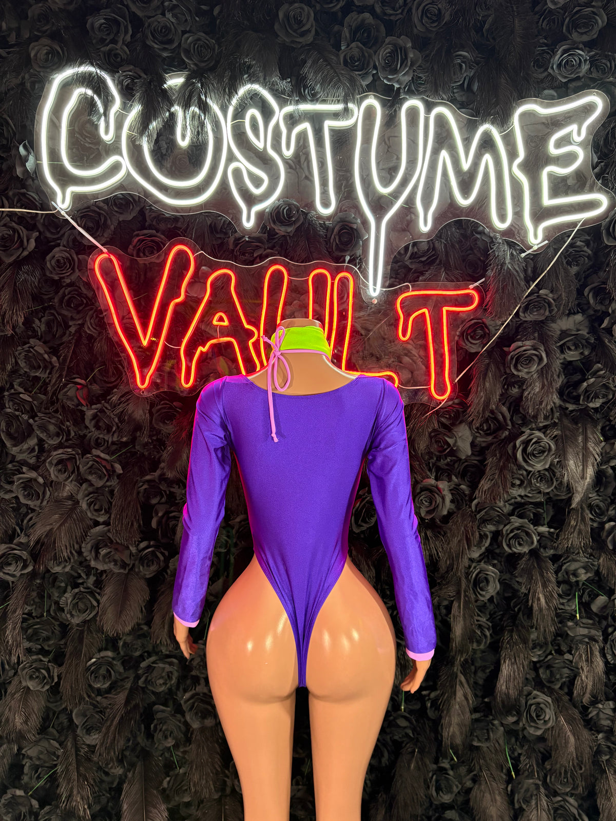 Retro Mystery Girl Bottlegirl Bodysuit – Purple Pink Halloween Costume & Clubwear