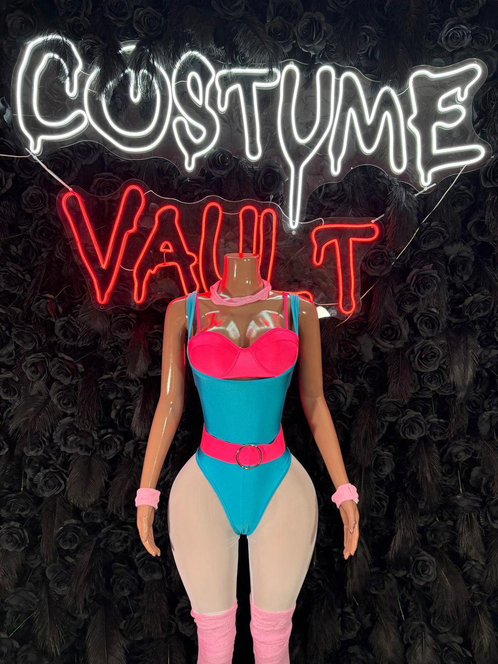Turquoise Pink Retro Fitness Bodysuit Costume women's adult Halloween costume front view - Costume Vault