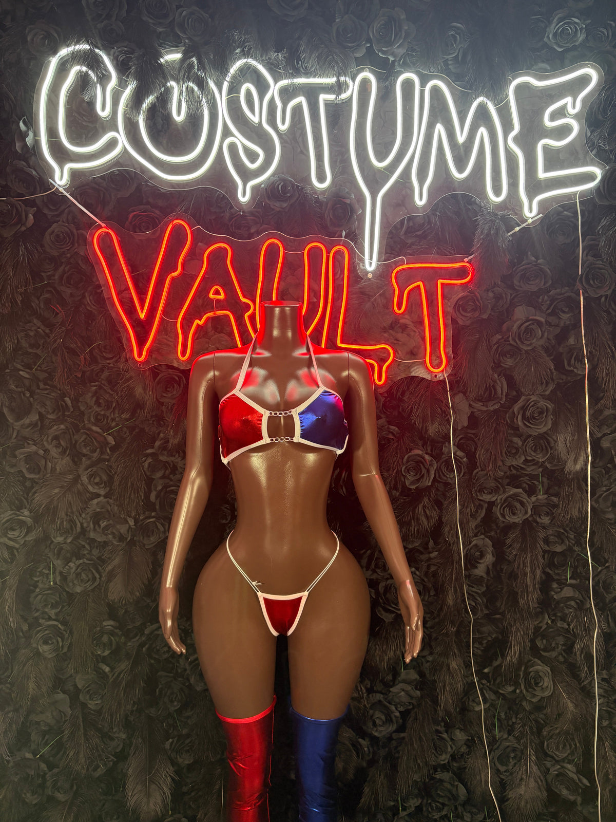 Red White Blue Patriotic Bikini Costume Set women's adult Halloween costume front view - Costume Vault