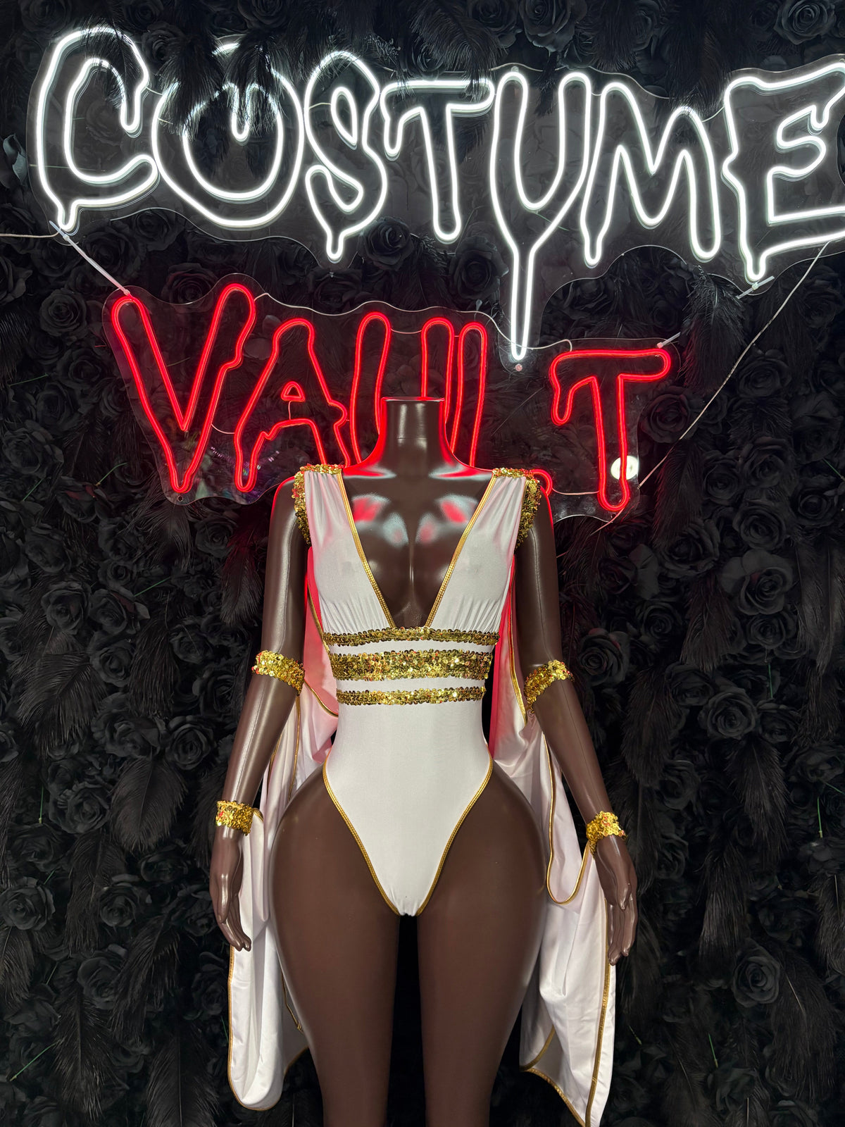 White & Gold Goddess Costume Bodysuit - Draped Cape One Piece front view - Costume Vault