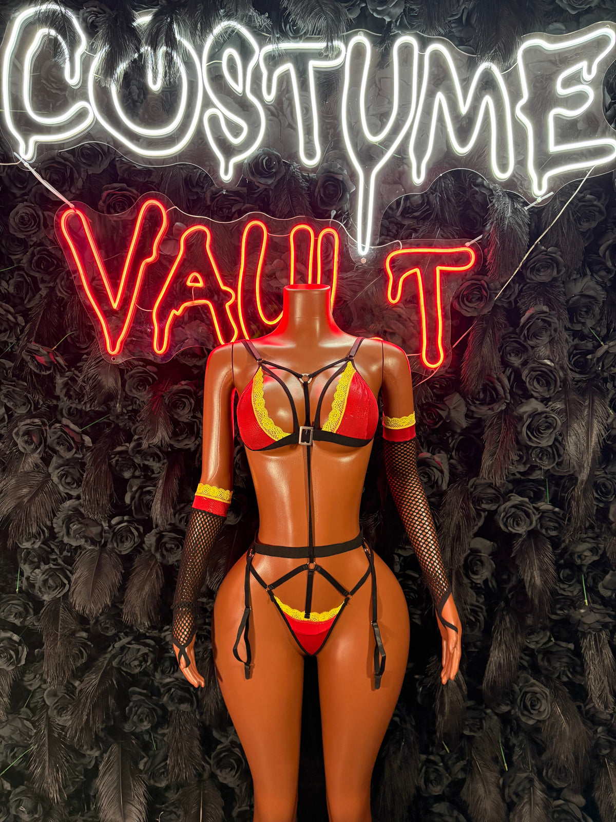 Red Yellow Warrior Bikini Costume Set women's adult Halloween costume front view - Costume Vault
