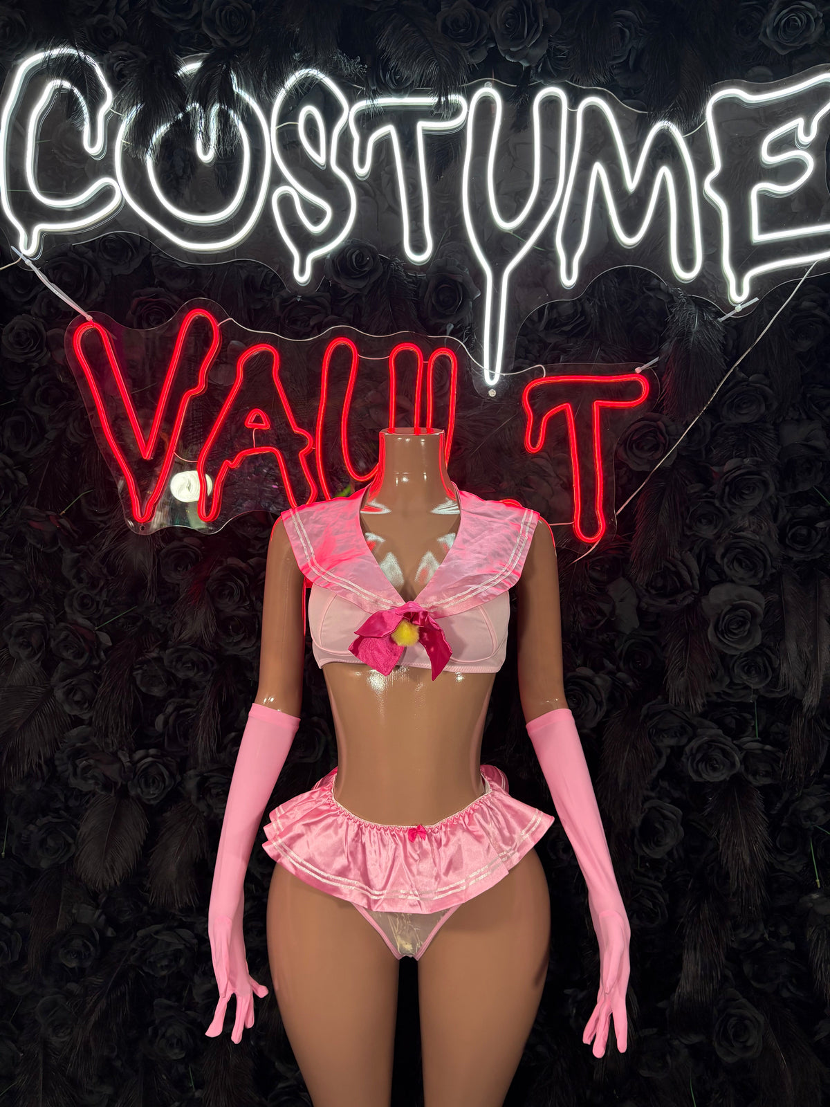 Pink Sailor-Inspired Costume Set - Crop Top, Mini Skirt & Gloves front view - Costume Vault
