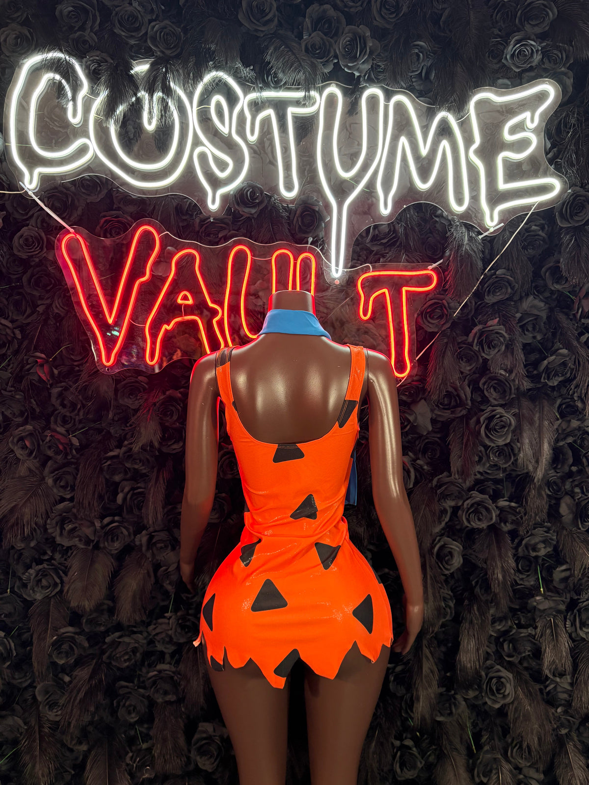 Orange Stone Age Cavewoman Costume Set women's adult Halloween costume back view - Costume Vault