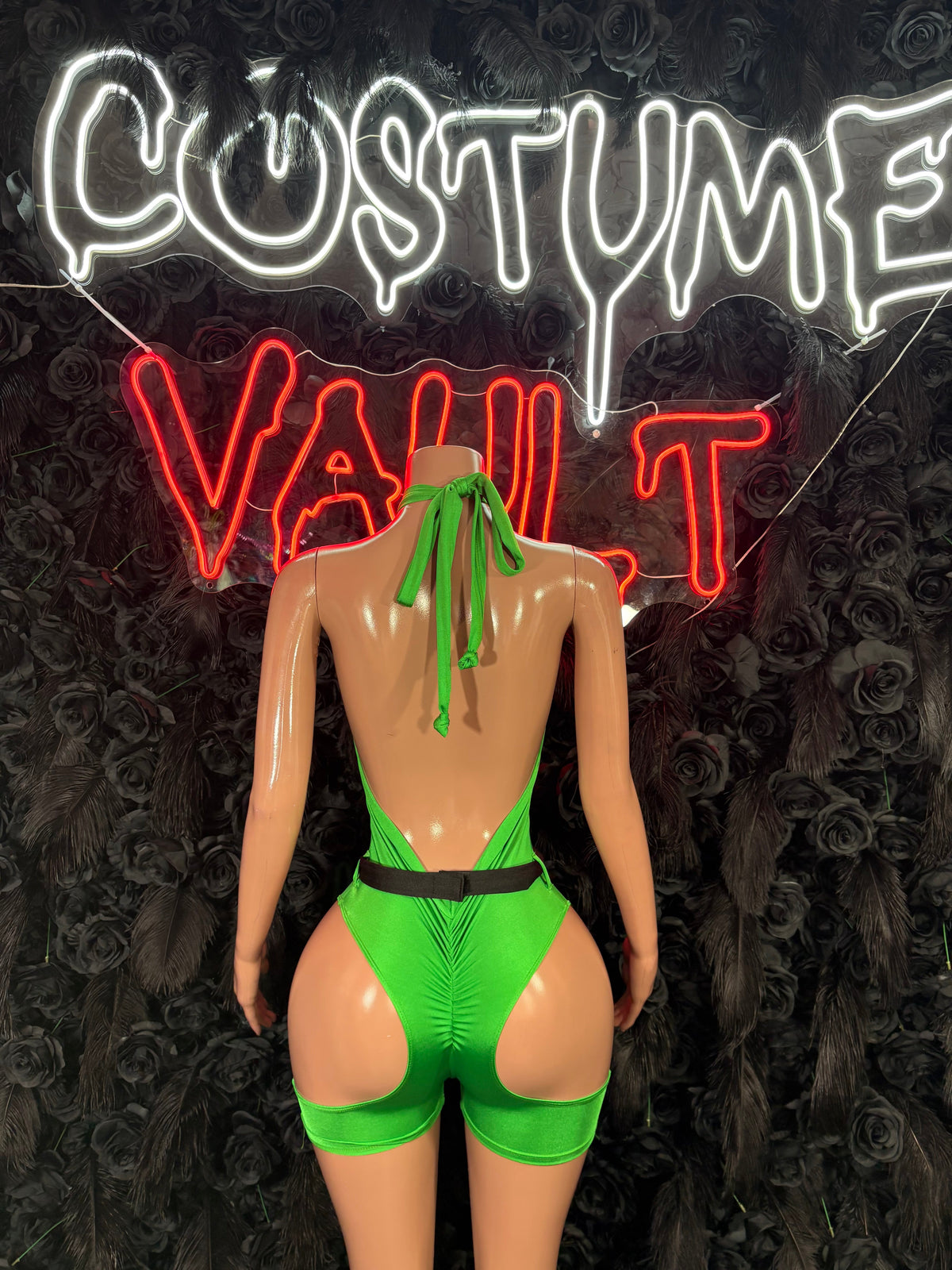 Neon green cutout romper adult Halloween cosplay costume back view - Costume Vault