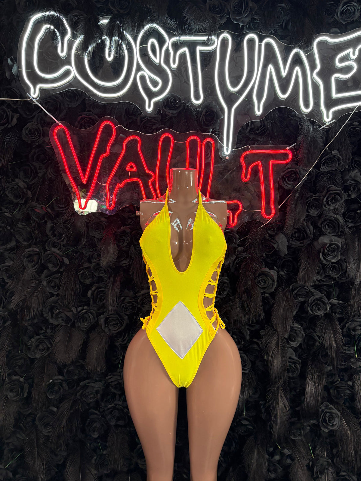 Yellow Diamond Cutout Bodysuit Costume women's adult Halloween costume front view - Costume Vault