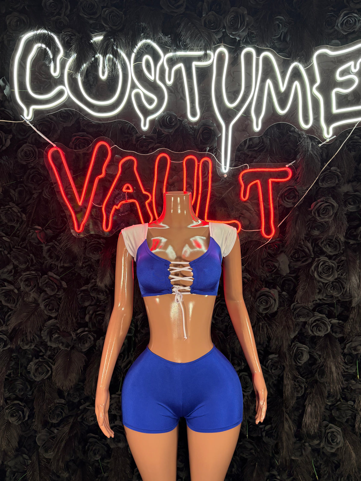 Football Player Costume Blue and White Bartender Bottlegirl Bodysuit Dress up Halloween Costume