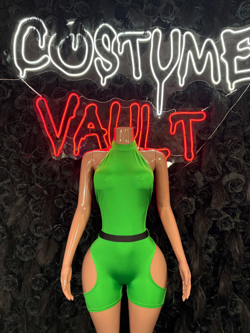 Women's Neon Green Cutout Romper Costume – Adult Halloween Cosplay Outfit
