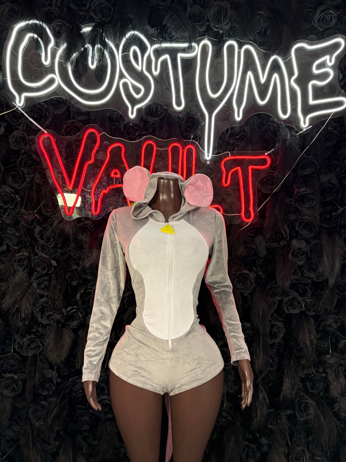 Gray Fuzzy Mouse Romper Costume women's adult Halloween costume front view - Costume Vault