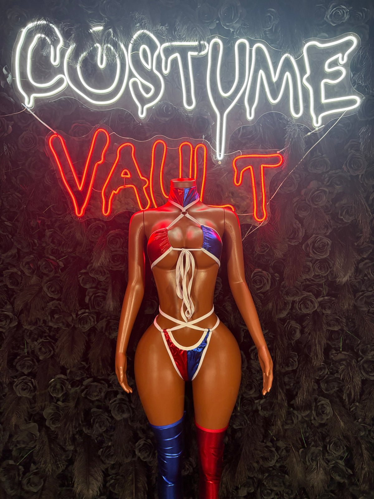 Red White Blue Lace-Up Patriotic Bodysuit Costume women's adult Halloween costume front view - Costume Vault