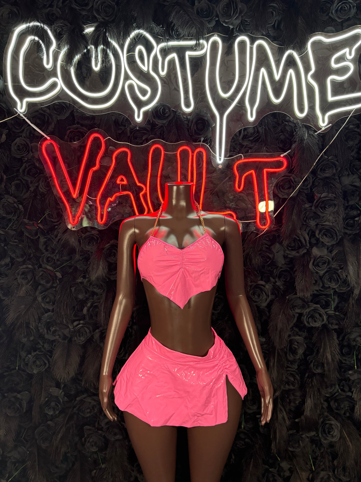 Hot Pink Vinyl Costume Set - Halter Crop Top & Mini Skirt front view - Costume Vault