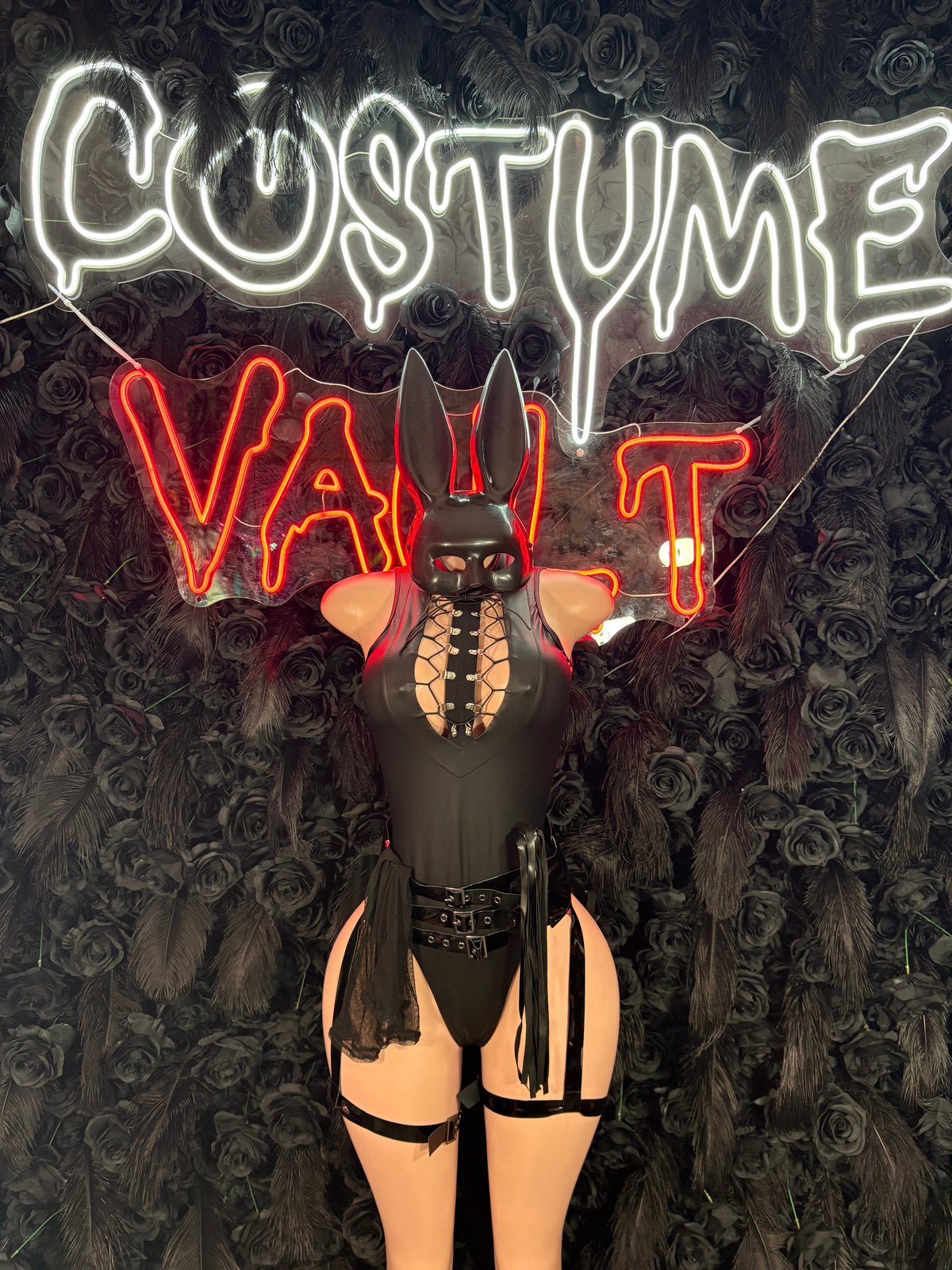 Black Strappy Horned Bunny Costume Set women's adult Halloween costume front view - Costume Vault