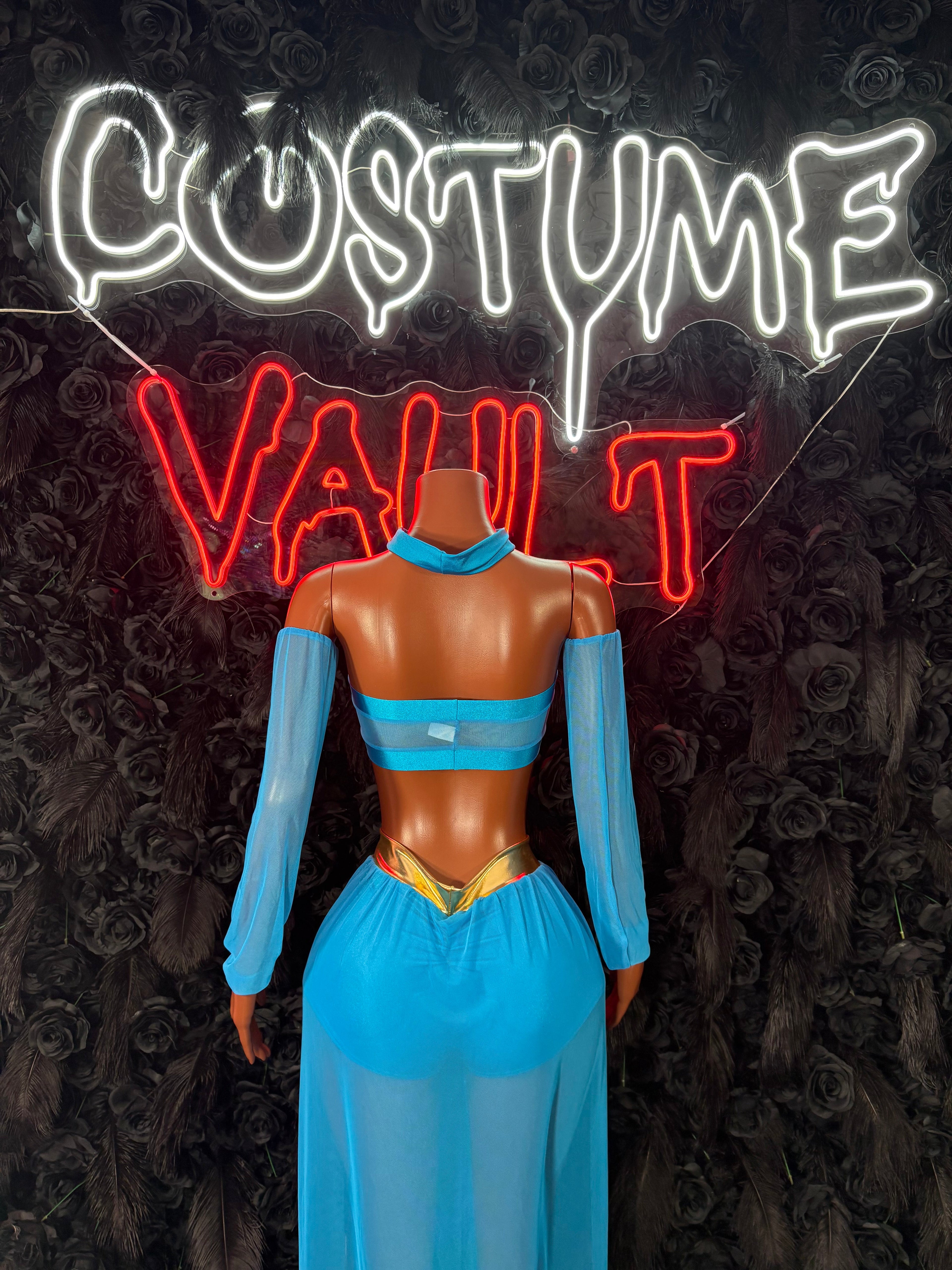 Turquoise and gold fantasy princess inspired adult cosplay costume back view - Costume Vault