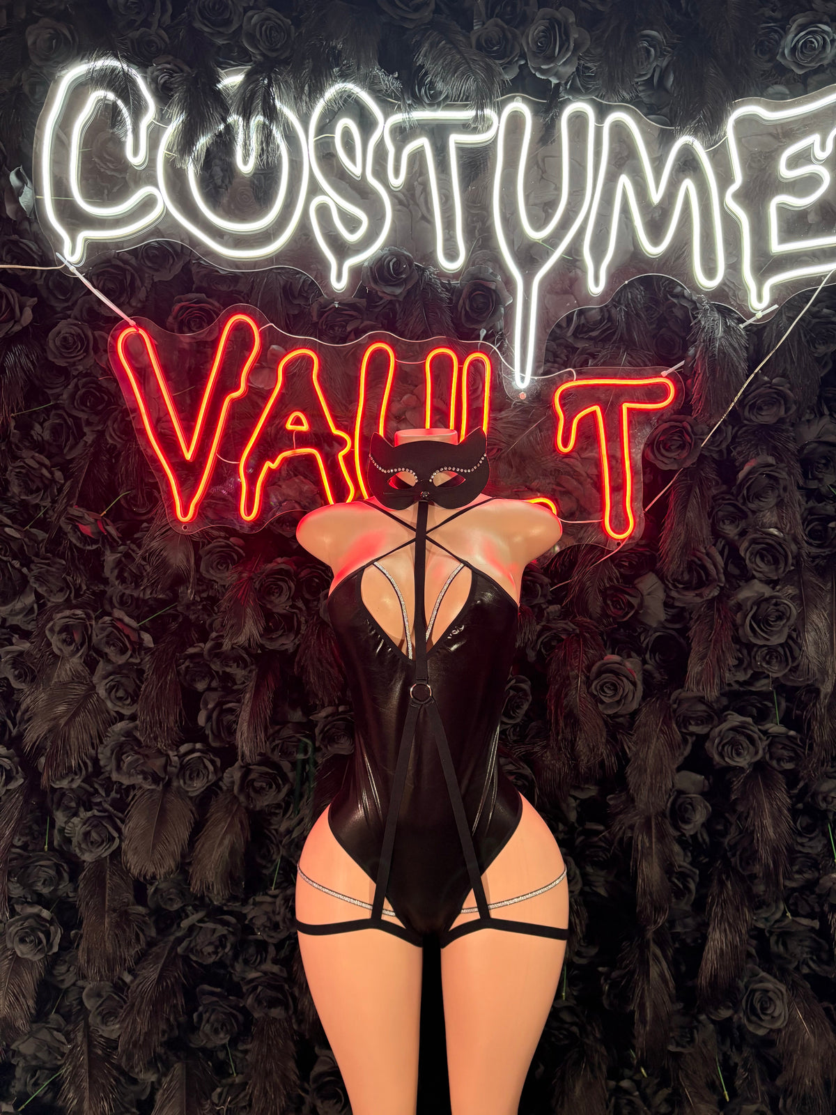 Black Red Strappy Bodysuit Costume women's adult Halloween costume front view - Costume Vault