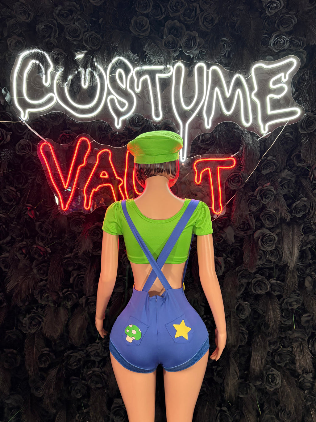 Green Video Game Plumber Costume Set women's adult Halloween costume back view - Costume Vault
