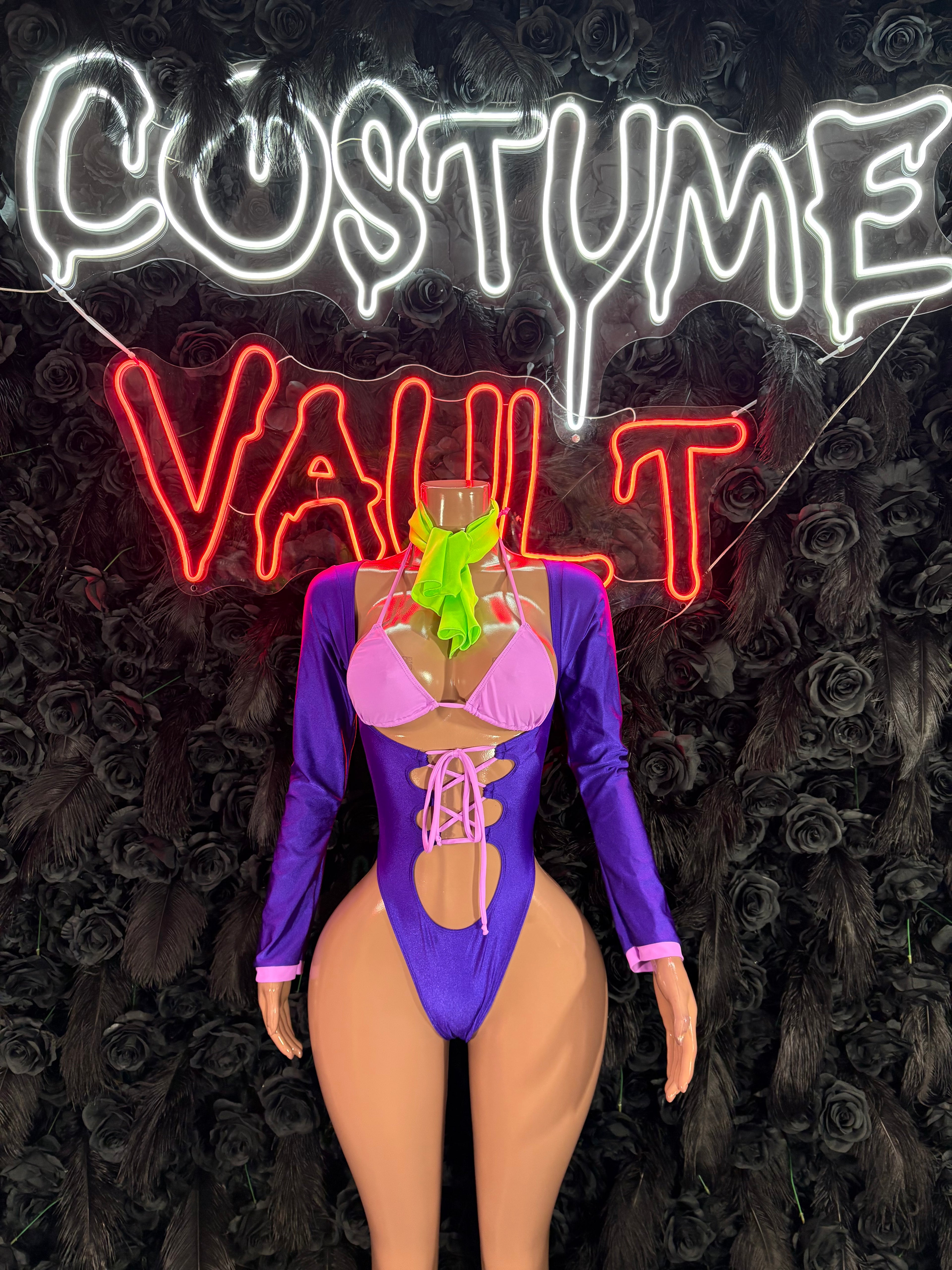 Retro Mystery Girl Bottlegirl Bodysuit – Purple Pink Halloween Costume & Clubwear