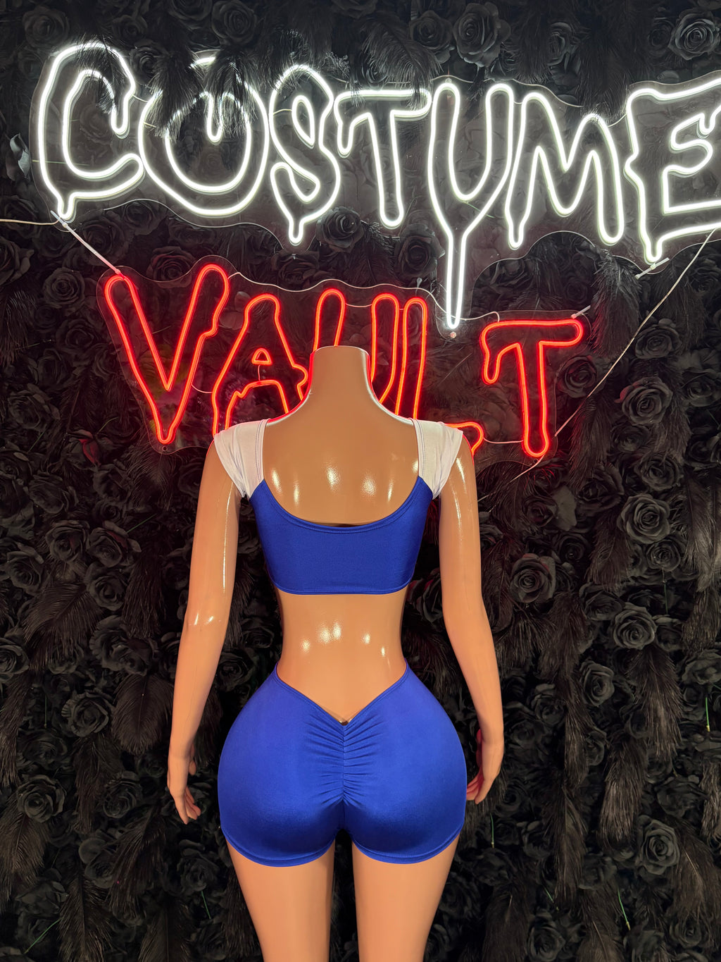 Football Player Costume Blue and White Bartender Bottlegirl Bodysuit Dress up Halloween Costume