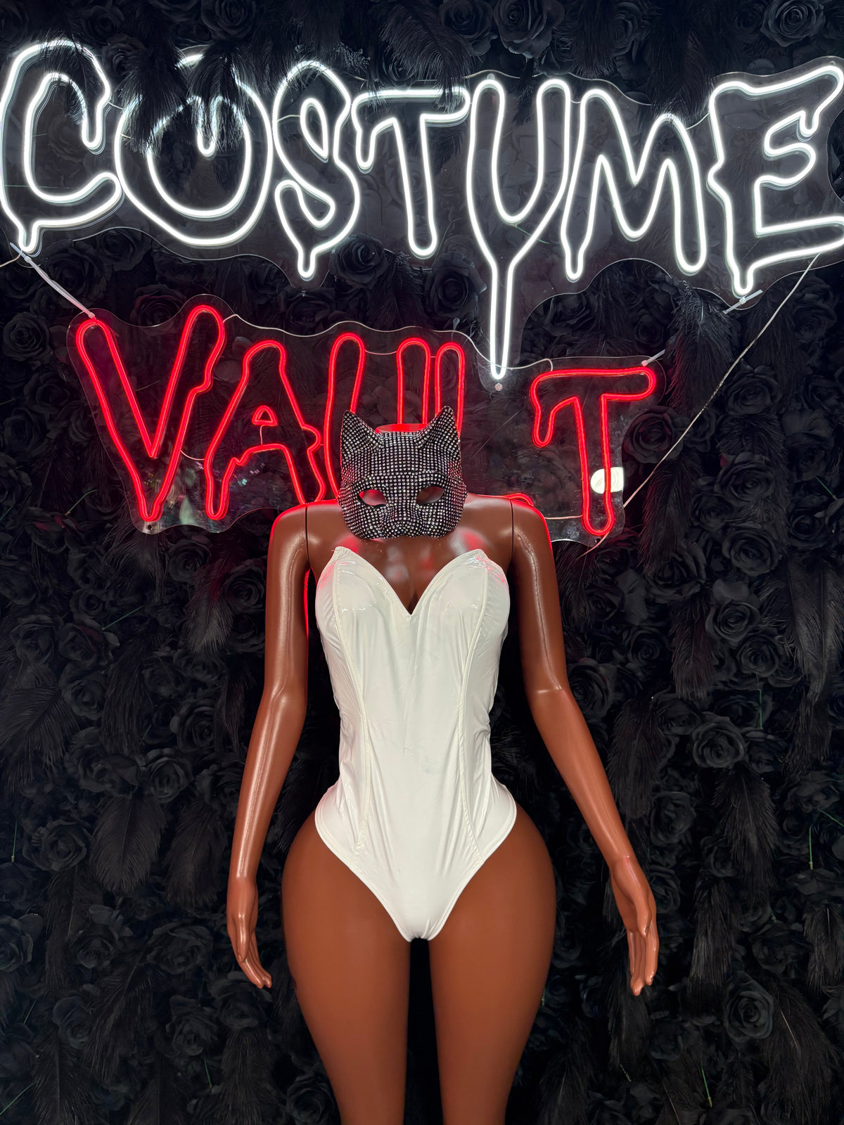 White Lace Corset Bunny Bodysuit Costume women's adult Halloween costume front view - Costume Vault