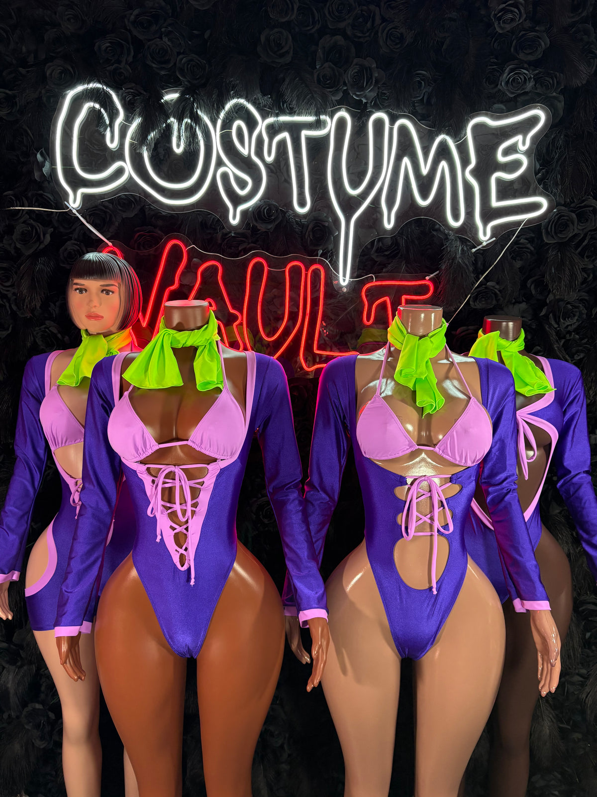 Retro Mystery Girl Bottlegirl Bodysuit – Purple Pink Halloween Costume & Clubwear