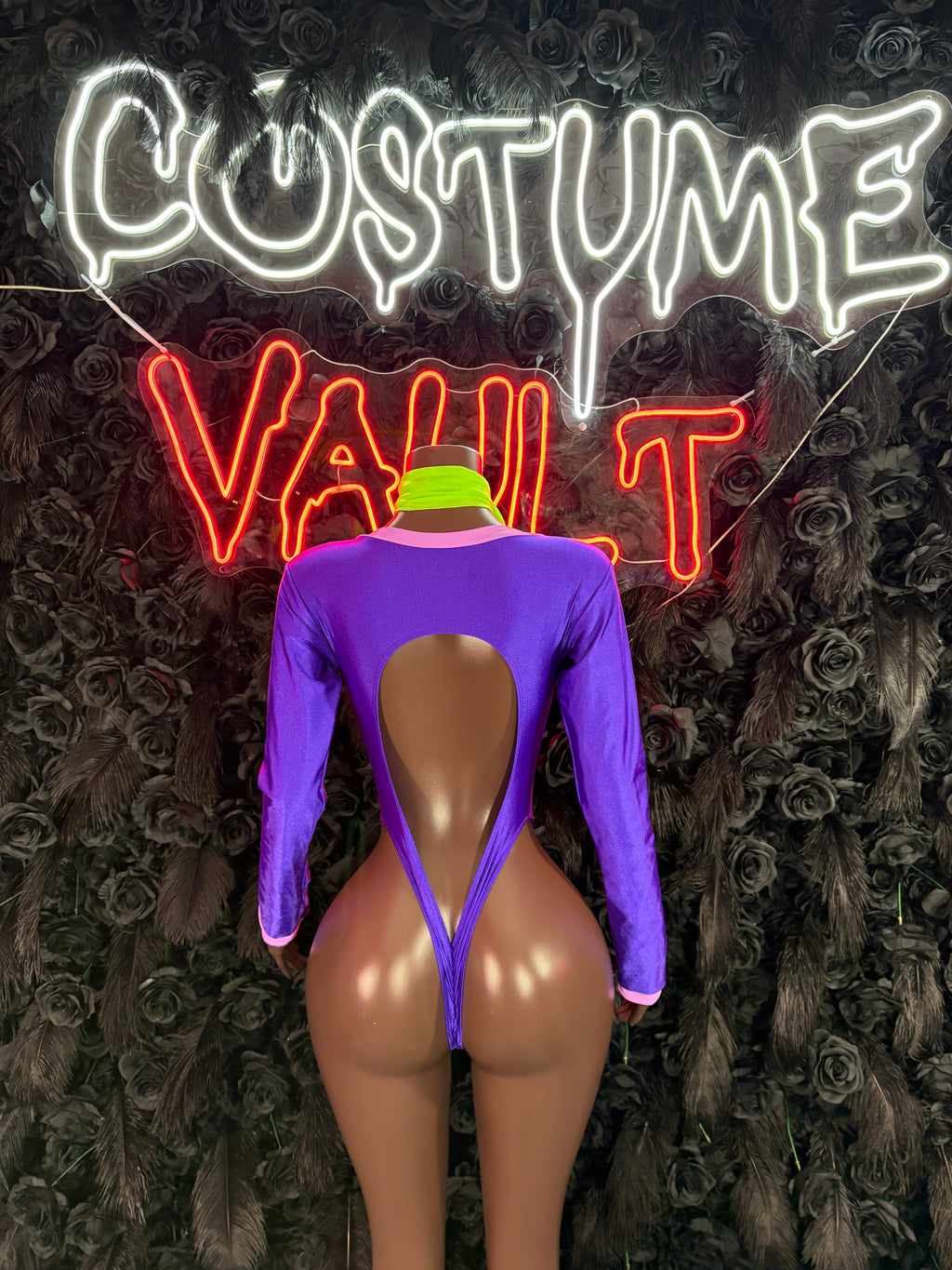 Retro Mystery Girl Bottlegirl Bodysuit – Purple Pink Halloween Costume & Clubwear