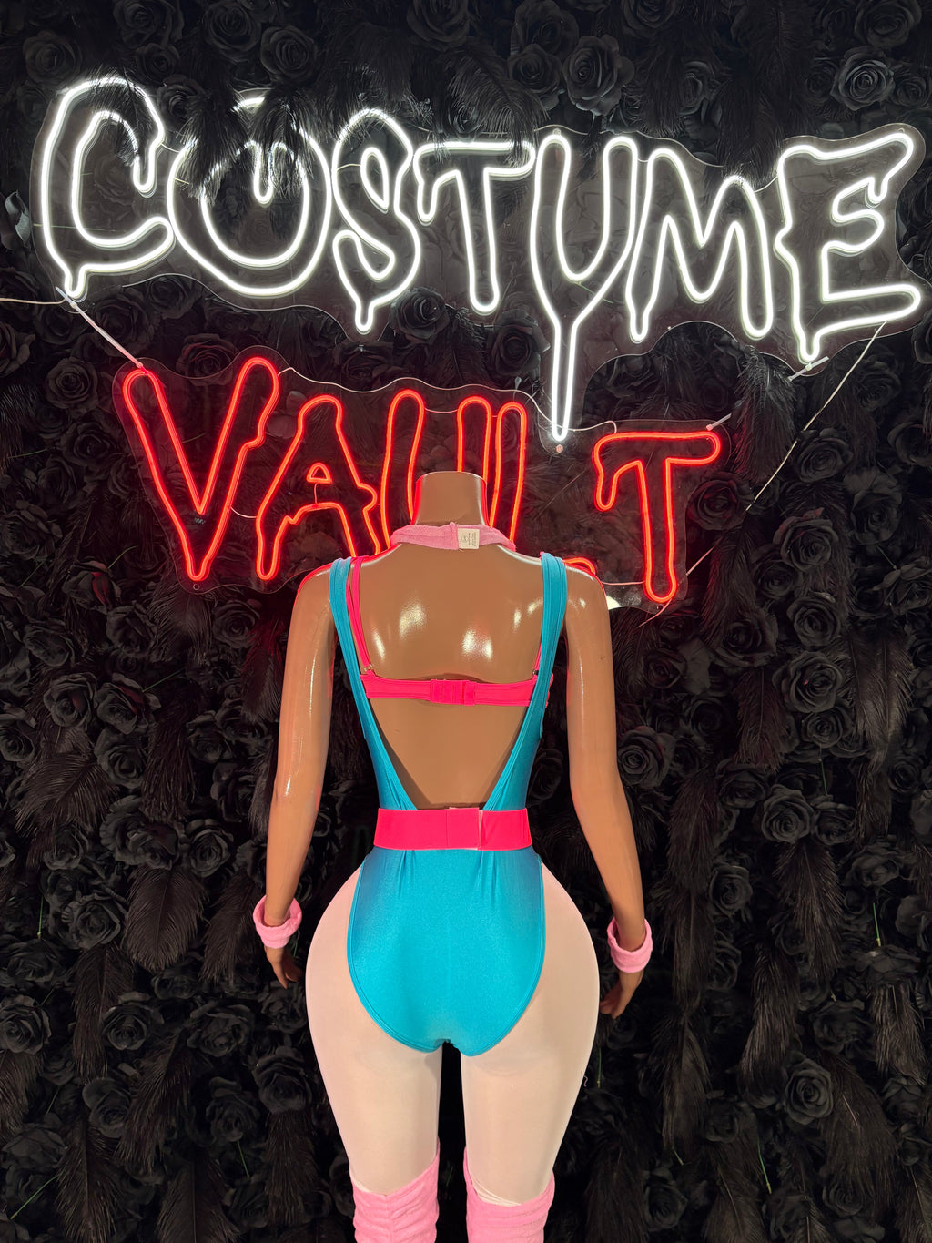 Turquoise Pink Retro Fitness Bodysuit Costume women's adult Halloween costume back view - Costume Vault