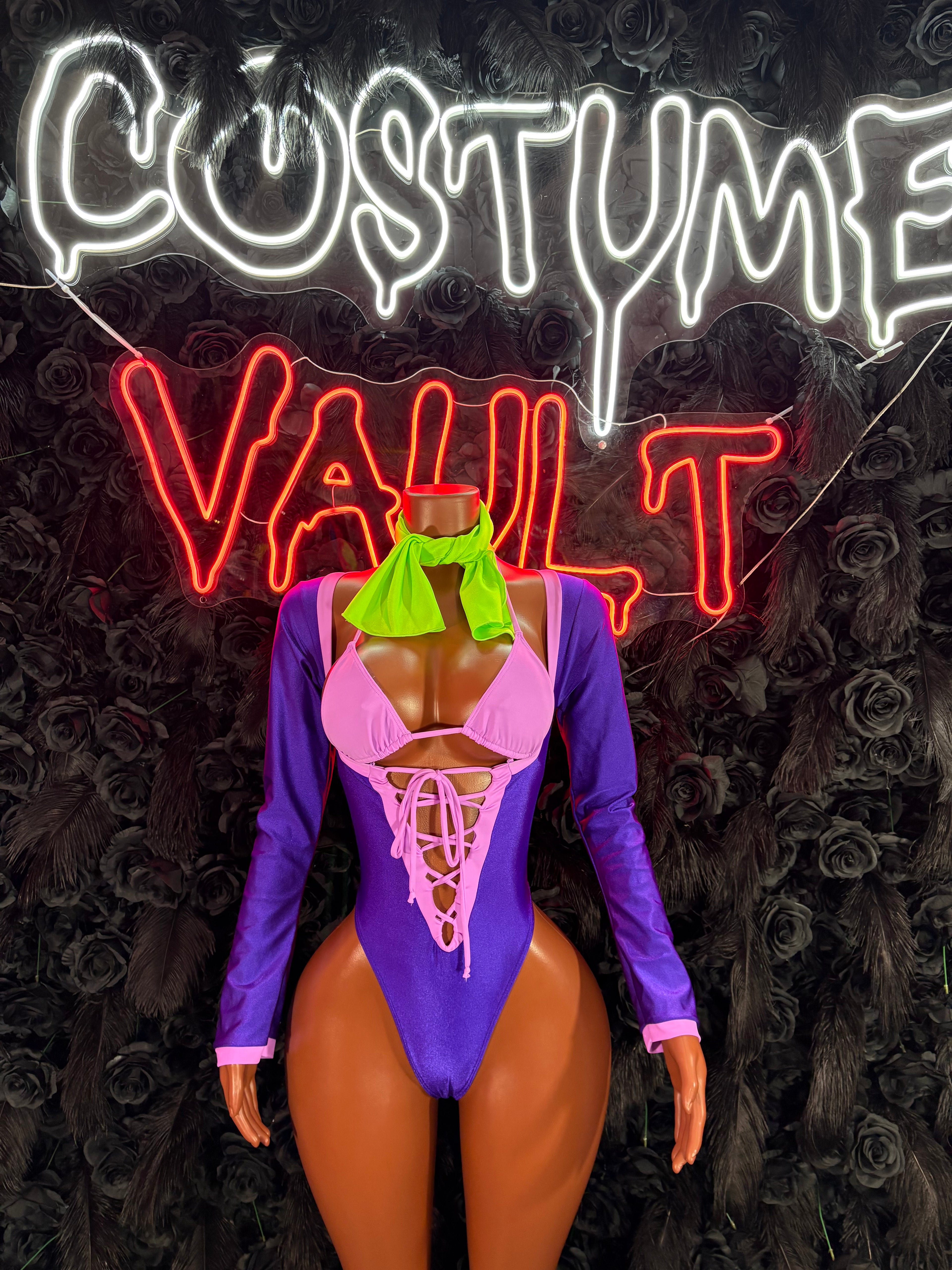 Retro Mystery Girl Bottlegirl Bodysuit – Purple Pink Halloween Costume & Clubwear