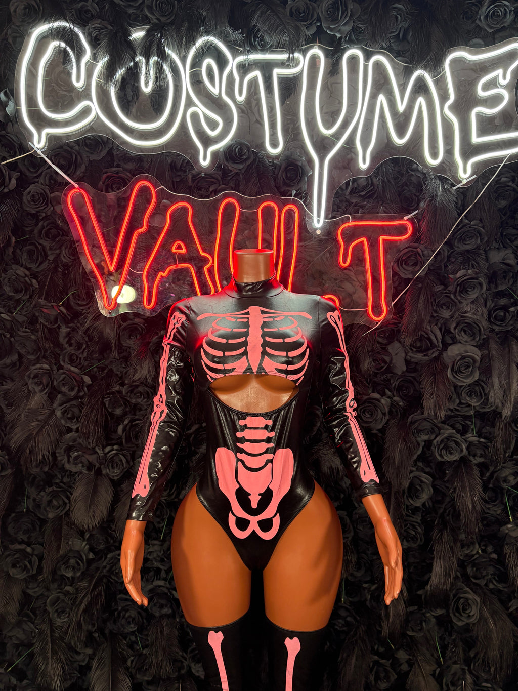 Pink Skeleton Print Bodysuit Costume women's adult Halloween costume front view - Costume Vault