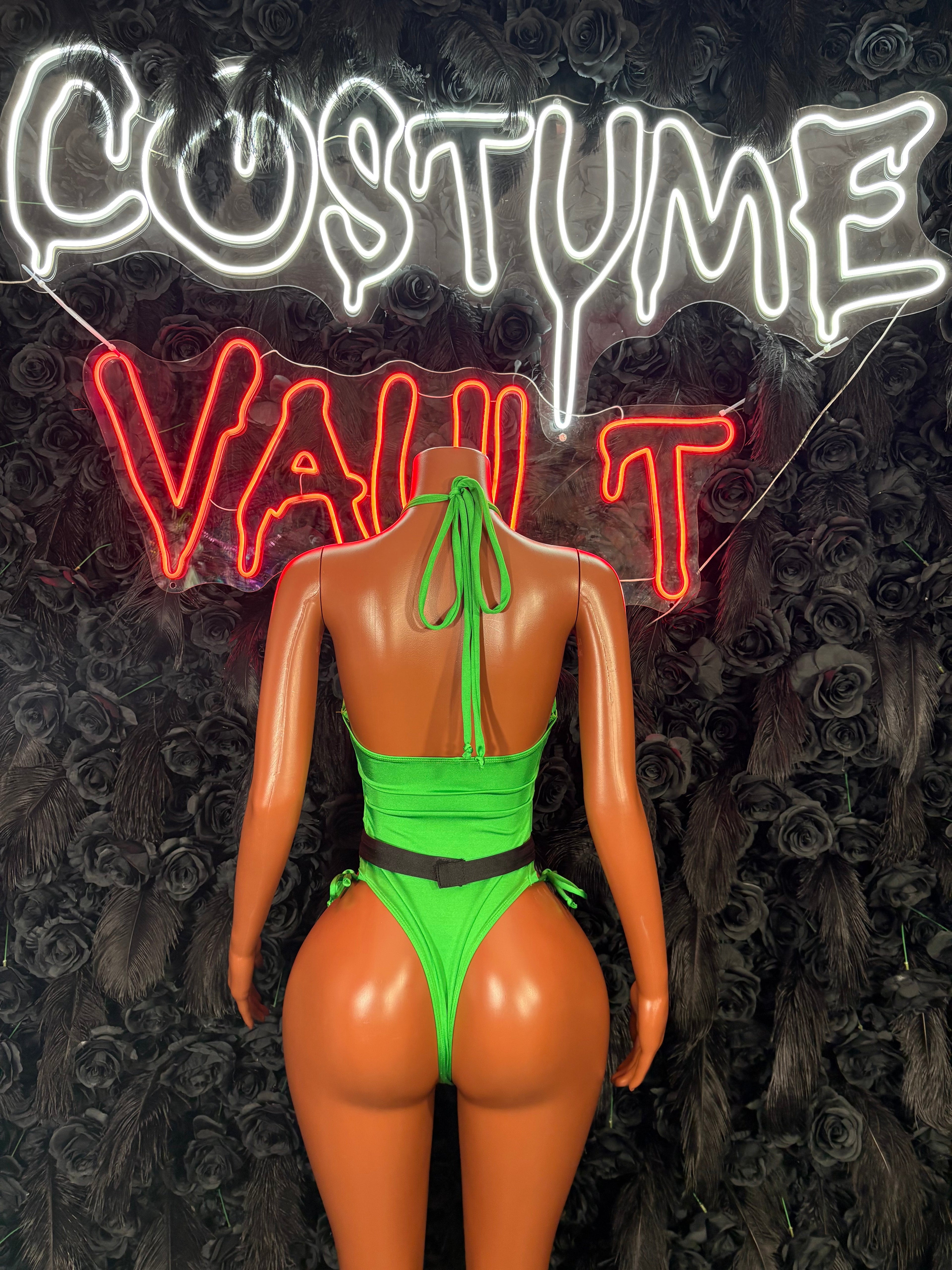 Neon green belted bodysuit adult cosplay Halloween costume back view - Costume Vault