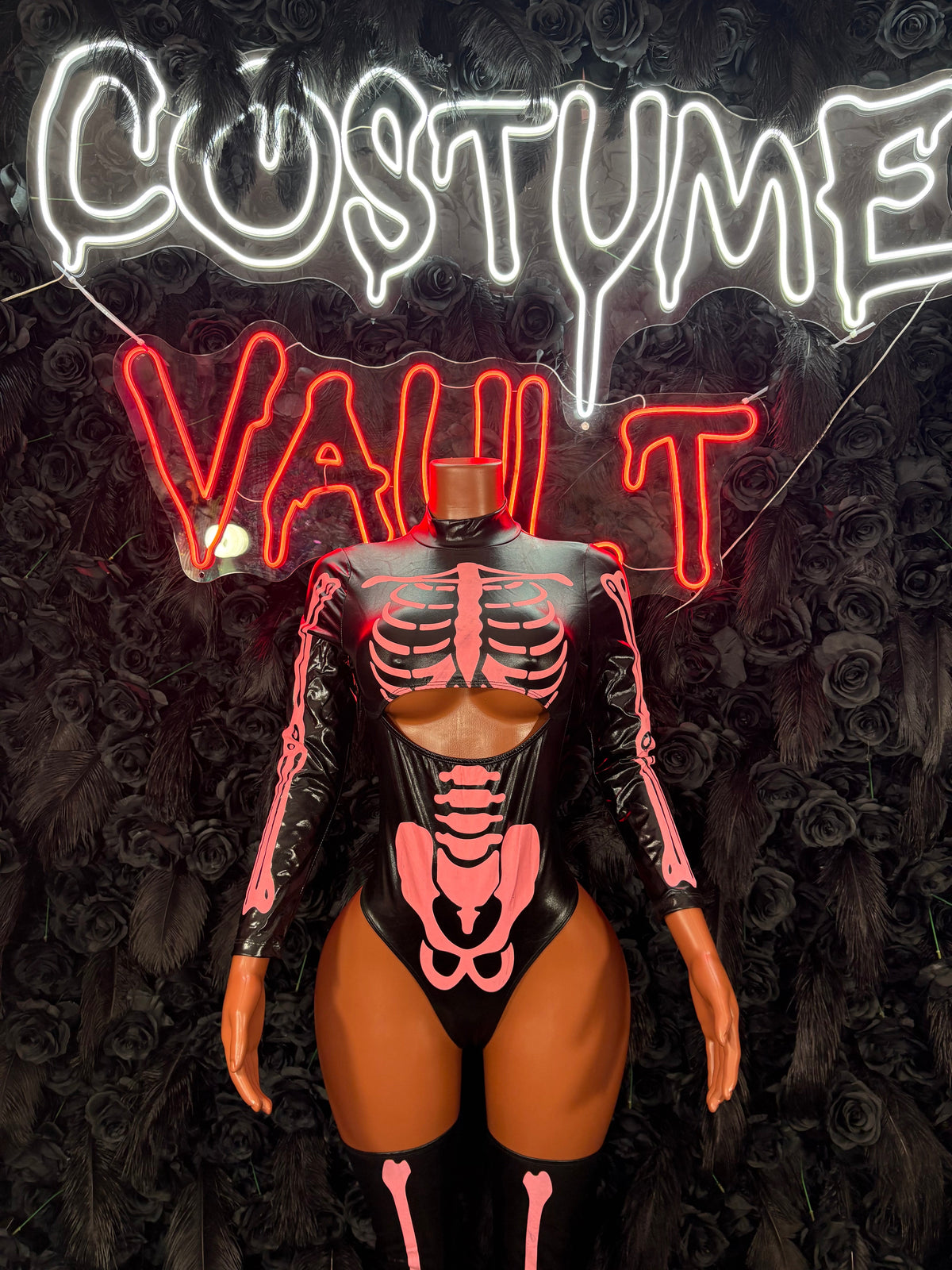 Pink Skeleton Print Bodysuit Costume women's adult Halloween costume back view - Costume Vault