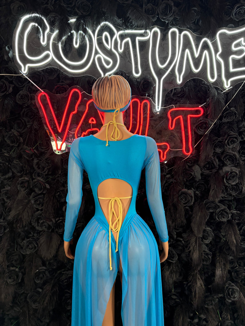 Blue and gold fantasy princess inspired adult cosplay costume back view - Costume Vault