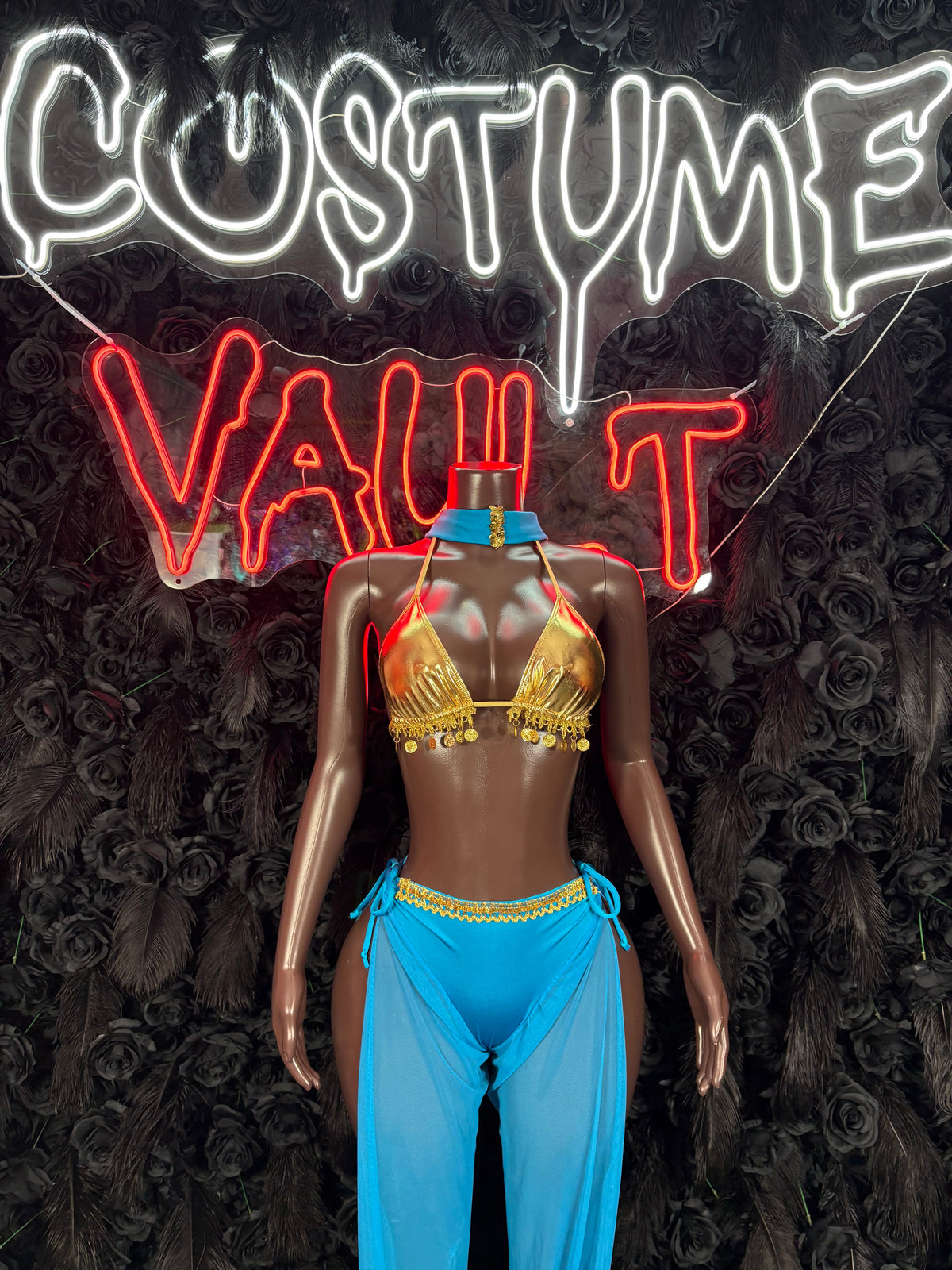 Turquoise & Gold Fantasy Genie Costume Set - Harem Pants & Halter Top front view - Costume Vault