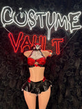 Red Black Jester Crop Top and Skirt Costume women's adult Halloween costume front view - Costume Vault