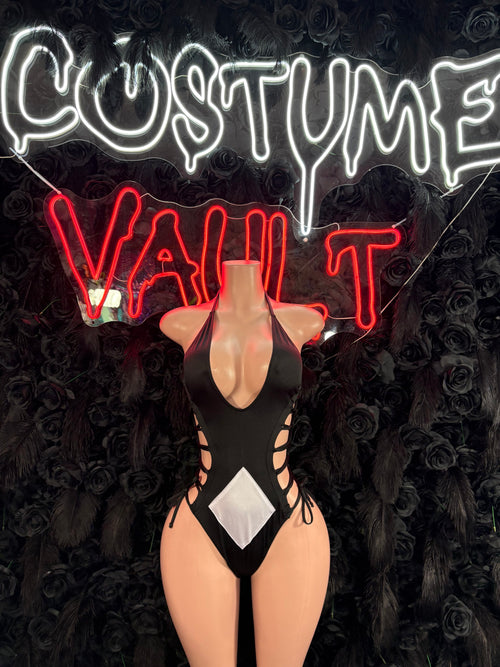Black Lace-Up Cutout Bodysuit Costume - Diamond Detail One Piece front view - Costume Vault