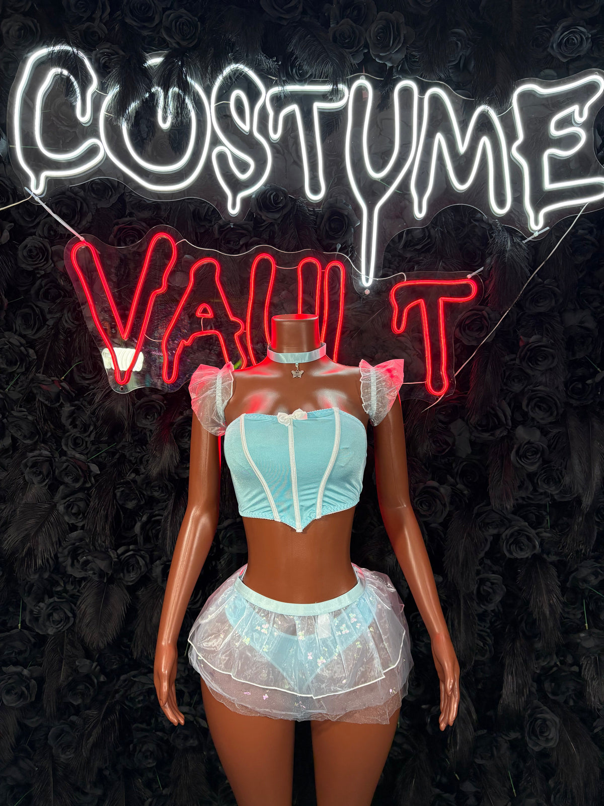 Baby Blue Fairy Costume Set - Corset Top & Sheer Tutu Skirt front view - Costume Vault