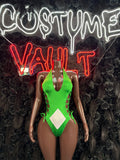 Neon Green Lace-Up Cutout Bodysuit Costume - Diamond Detail One Piece front view - Costume Vault