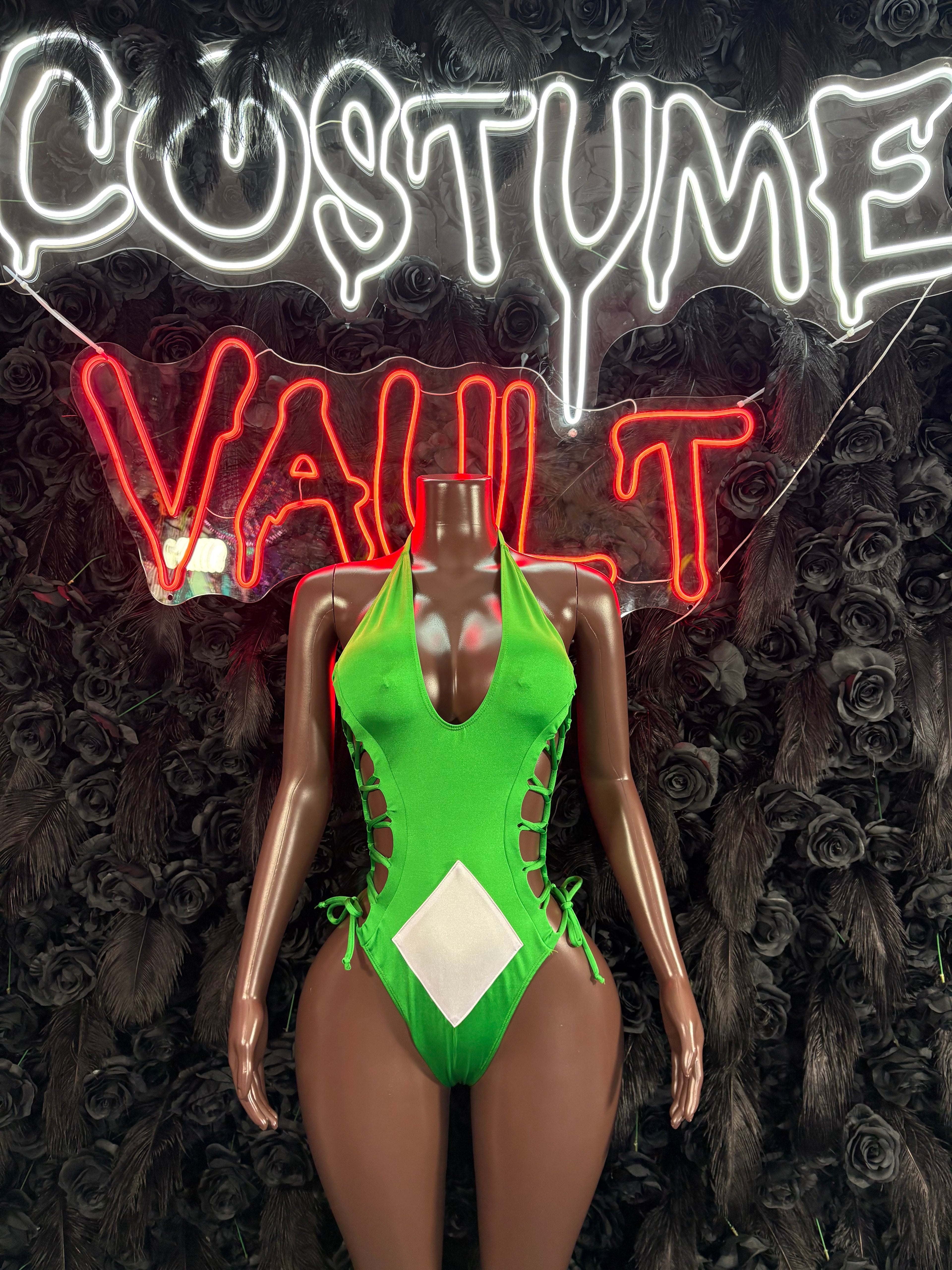Neon Green Lace-Up Cutout Bodysuit Costume - Diamond Detail One Piece front view - Costume Vault