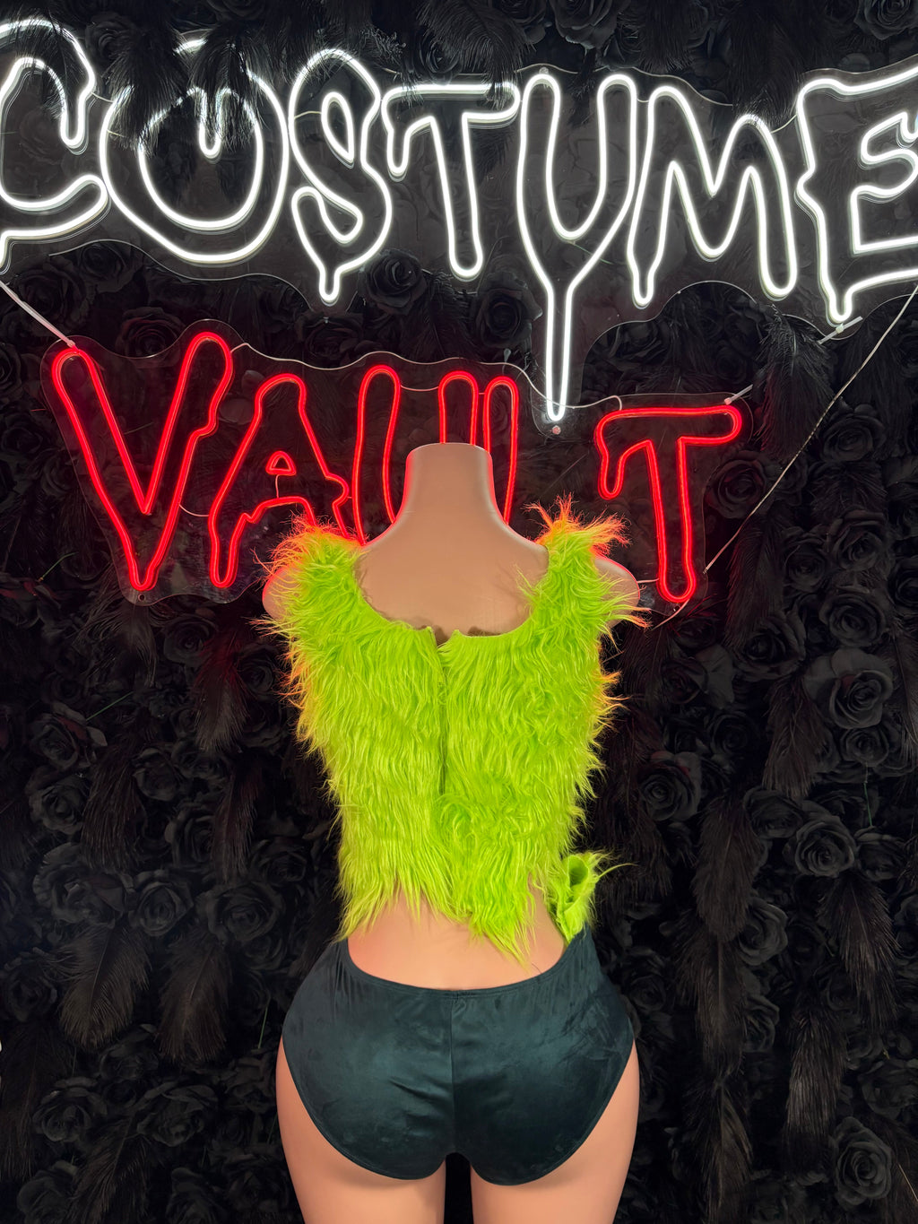 Neon Green Fuzzy Monster Top Costume women's adult Halloween costume back view - Costume Vault